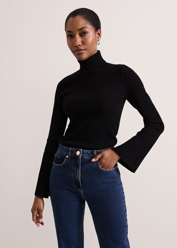 Phase Eight Fran Fluted Sleeve Ribbed Roll Neck Knitwear Black Australia | OZ8650423